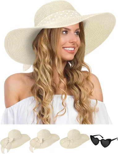Vista 18 de Sombreros de paja Sun Beach para mujer, sombrero de ala ancha de verano 2-Beige