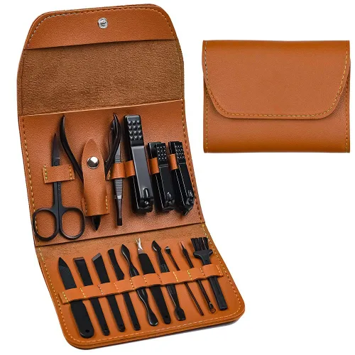 Vista 9 de Juego de manicura, cortaúñas, kit de pedicura, kit de aseo profesional 16 en 1, acero inoxidable, tijeras para uñas de los pies con lujosa funda