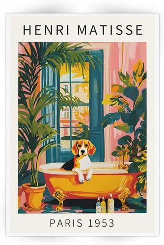 Vista 10 de Divertido perro baño pared arte Henri Matisse habitación estética retro rosa decoración Dachshund en la bañera lienzo pintura impresión obras