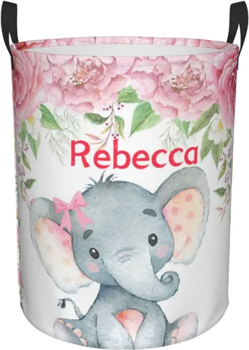 Vista 18 de Cesta de lavandería personalizada con diseño de jirafa, león y flores rosadas, con asas, impermeable, para decoración de dormitorio y baño.