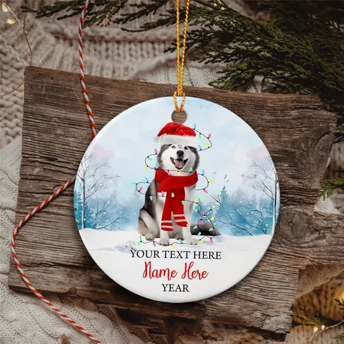 Vista 5 de Adorno de cerámica de Alaska Malamute de Feliz Navidad, decoración personalizada de Papá Noel, perro de Alaska Malamute nombre de perro, decoración