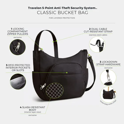 Vista 4 de Travelon - Bolso antirrobo clásico tipo bandolera con asa superior Negro