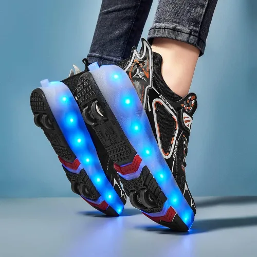 Vista 8 de Zapatos con ruedas para niños 4 ruedas mejoradas, modelo 16 LED, recargable, colorido, para niñas, niños, tenis retráctiles, zapatos de skate