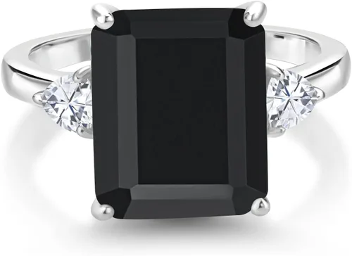 Vista 3 de Gem Stone King Anillo de plata de ley 925 con ónix negro y moissanita blanca de 3 piedras