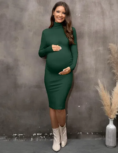 Vista 4 de abkylie Vestido de maternidad de manga larga de cuello alto con fruncido laterallongitud a la rodilla, vestido de embarazo para otoño sesión