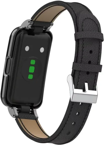 Vista 4 de Bandas compatibles con Huawei Band 10/9/8/7, accesorios de correa de repuesto de cuero con marco de metal para Huawei Band 7/8/9/10 Negro