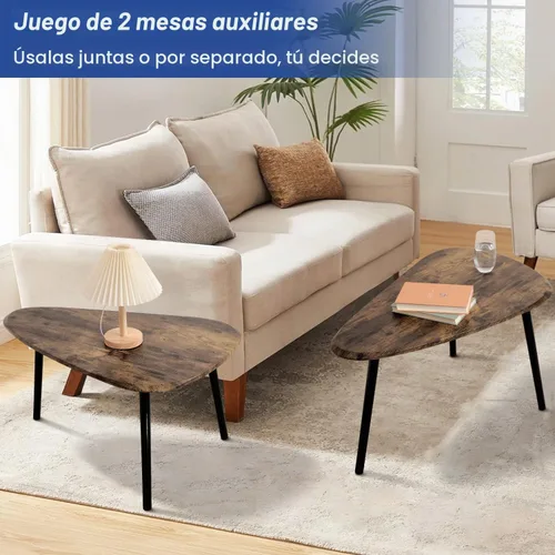 Vista 5 de Mesas de centro anidadas, mesa anidada con patas de madera, juego de 2 mesas auxiliares triangulares para sala de estar, dormitorio, bambú Tigre