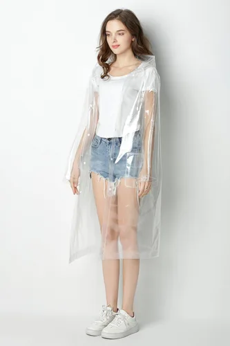 Vista 3 de Impermeable súper transparente para mujer, poncho de lluvia impermeable de EVA con cordón de capucha