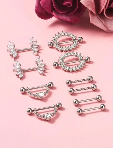Vista 5 de Vqoxaggi - Piercing para pezón de acero quirúrgico de 14 G para mujer, con gargantilla, collar de corazón, pezón, barra de piercing para pezón