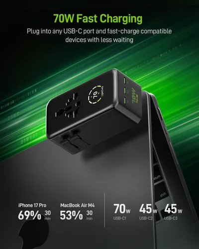 Vista 2 de EPICKA Adaptador de viaje universal Pulse Ultra 70W PD con 2AC/3USB-C/1USB-A