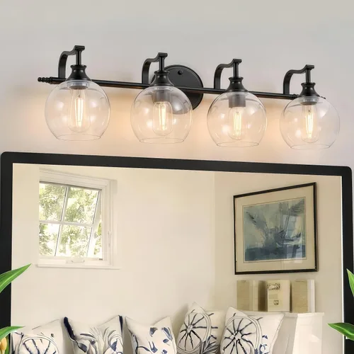 Vista 21 de ANDY STAR Lámparas de baño de níquel cepillado, luces de tocador de 1 luz, apliques modernos de pared de baño con pantalla de vidrio transparente