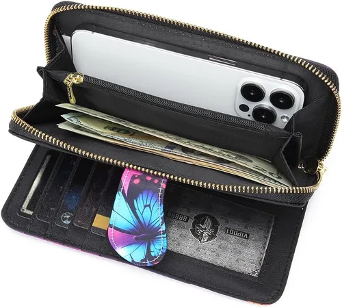 Vista 16 de Cartera de mano para mujer, estilo bohemio, con RFID, elegante, espaciosa con correa para viajes, capacidad para tarjetas, teléfono, dinero