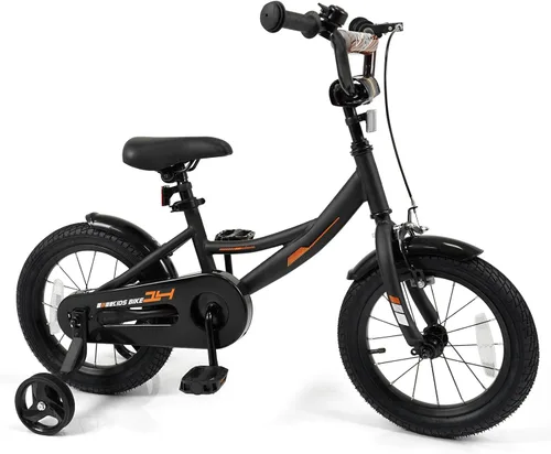 Vista 9 de BABY JOY Bicicleta para niños, bicicleta deportiva de 12 a 18 pulgadas con ruedas de entrenamiento extraíbles, asiento y manubrio ajustables, freno