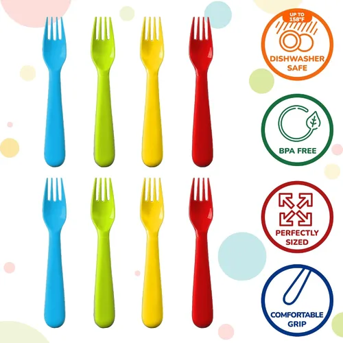 Vista 2 de Plaskidy Tenedores de plástico para niños – Juego de 16 cubiertos de colores brillantes sin BPA y aptos para lavavajillas ideales para niños