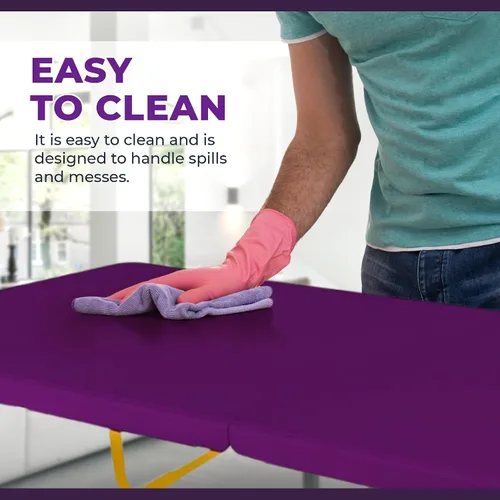 Vista 6 de Mesa y sillas plegables creativas para exteriores, 6 pies, ruedas integradas, plástico duradero portátil (morado y amarillo)