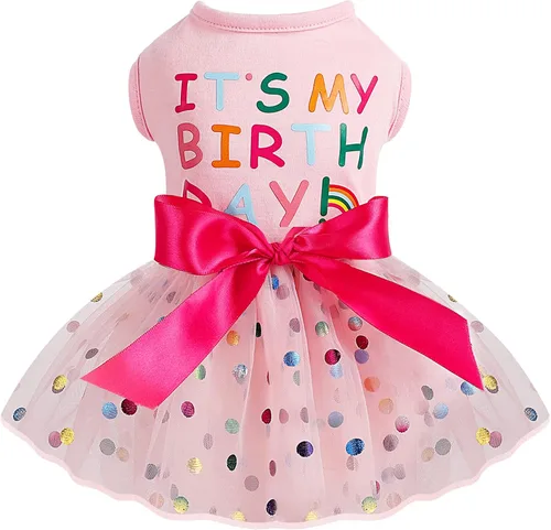 Vista 17 de Traje de cumpleaños para perro: vestidos coloridos de malla del alfabeto, tutú de verano, ropa para cachorros, XS, negro Cumpleaños negro