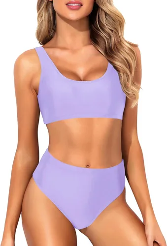 Vista 5 de Tempt Me Traje de baño deportivo de dos piezas para mujer, bikini de cuello redondo y tiro alto, top corto, traje de baño de cintura alta