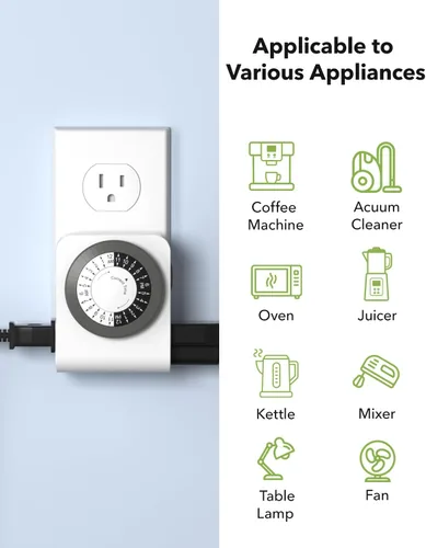 Vista 5 de BN-LINK Temporizador de salida con 2 enchufes con conexión a tierra, temporizador de luz mecánico para enchufe eléctrico interior, 24 horas, 3