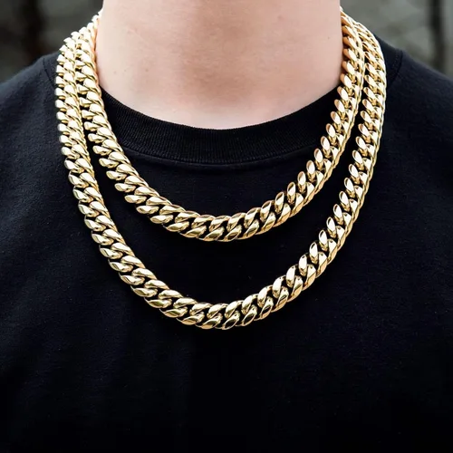 Vista 4 de Zsllzm Cadena de eslabones cubanos Miami para hombre, chapado en oro de 14 quilates, acero inoxidable sólido, joyería de hip hop de 0.394 in0.472