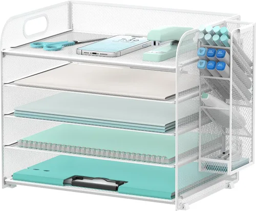 Vista 9 de SUPEASY Organizador de escritorio de 5 niveles con asa y soportes extraíbles para bolígrafos, organizador de papel de malla/archivos para Negro