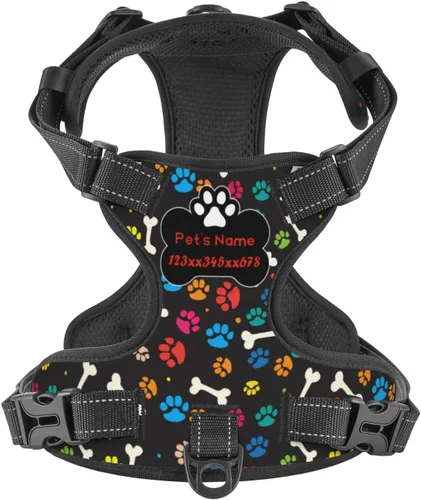 Vista 25 de Arnés personalizado para perro sin tirones, chaleco personalizado con bandera estadounidense para perro con número de teléfono y nombre de mascota