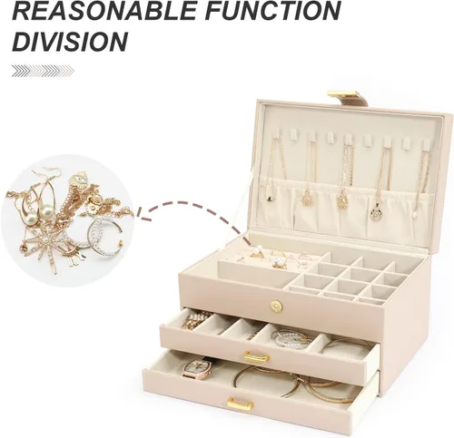 Vista 6 de V-LAFUY Organizador de joyas, organizador de joyas medio y almacenamiento, caja de joyería de 3 niveles con 2 cajones, cajas de joyería