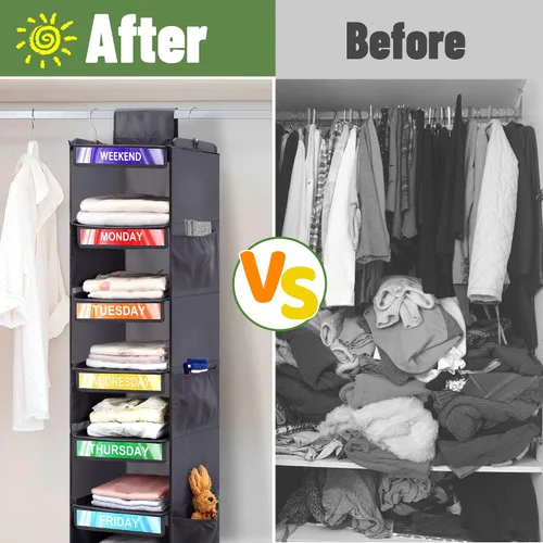 Vista 6 de Organizador semanal de ropa de 6 estantes para niños, organización diaria colgante de armario con 6 bolsillos laterales, divisor de almacenamiento