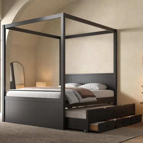 Vista 4 de Wood Canopy Platform Bed Full with Headboard, Trundle and 3 Drawers Negro-8.1