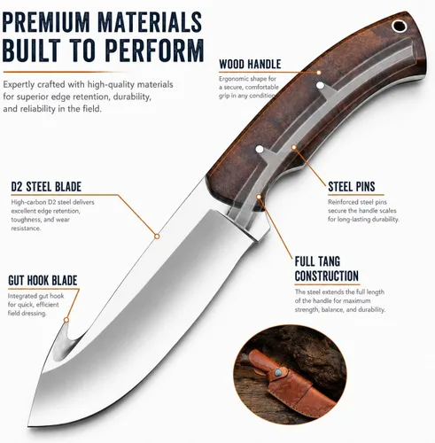 Vista 2 de Cuchillo de gancho de acero D2 hecho a mano - Hoja fija de espiga completa con mango de madera y funda de cuero - Cuchillo afilado para desollar