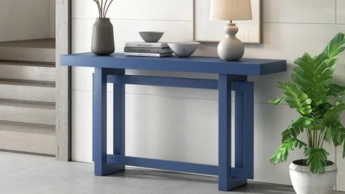 Vista 5 de Mesa consola contemporánea con parte superior de madera de hormigón de inspiración industrial, mesa de entrada extra larga con patas de madera