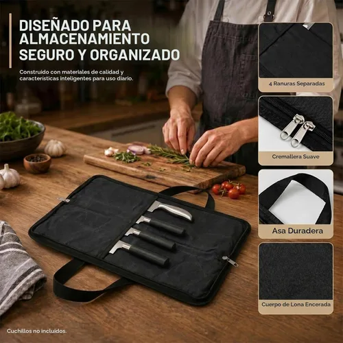 Vista 3 de Rollo de cuchillos, bolsa resistente para cuchillos, estuche de lona encerada con 4 ranuras para cuchillos y herramientas de cocina, bolsa