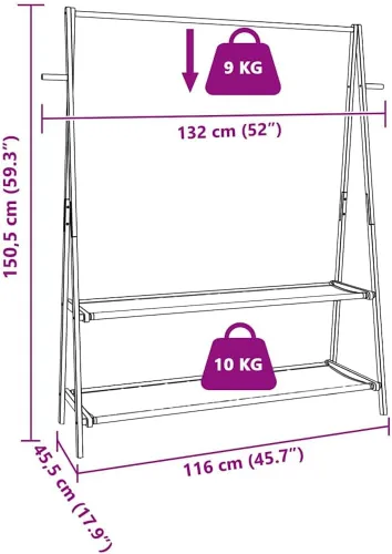 Vista 9 de Natural Bamboo Clothes Rack Foldable with Two Shelves, 52.0 in x 17.9 in x 59.3 in, Sturdy Eco-Friendly Storage Organizer for Indoor Outdoor Use