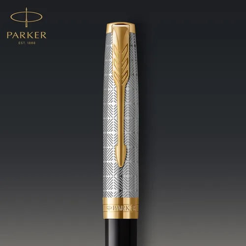 Vista 5 de PARKER Sonnet - Bolígrafo de metal de alta calidad y acabado negro brillante con borde dorado, punta media con recarga de tinta negra, caja de regalo