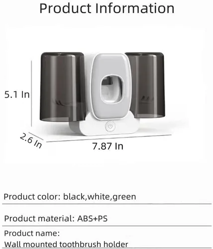 Vista 2 de Portacepillos de dientes con dispensador de pasta de dientes y 2 vasos para cepillos de dientes, múltiples aberturas para colgar, soporte