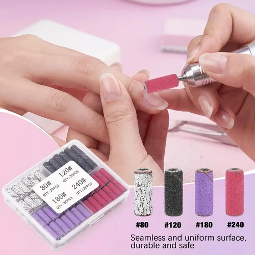Vista 2 de Mini bandas de lijado para taladro de uñas, 100 unidades, 4 colores, 80, 120, 180, 240, lima de grano fino grueso, banda de lijado pequeña con juego