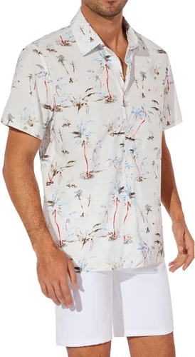 Vista 3 de ZAFUL Camisa hawaiana de algodón de manga corta con botones para el verano, para playa tropical