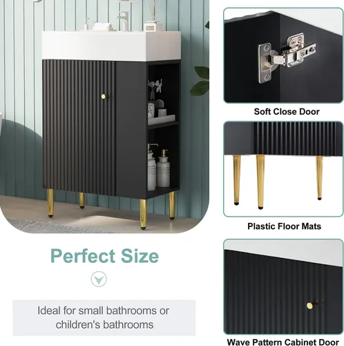 Vista 6 de LUMISOL Mueble de baño pequeño de 21.6 pulgadas con fregadero, tocador de baño estrecho con una puerta y almacenamiento lateral derecho, armario