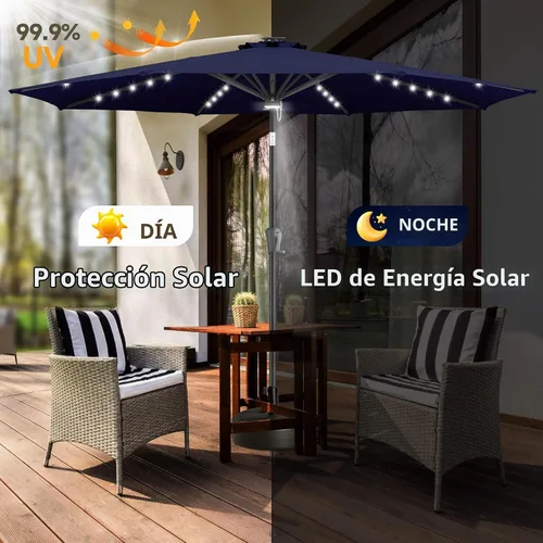 Vista 2 de FLAME&SHADE Sombrilla de exterior de 9 pies con 40 luces LED, sombrilla de patio con luz solar y luz envolvente central, sombrilla de mercado