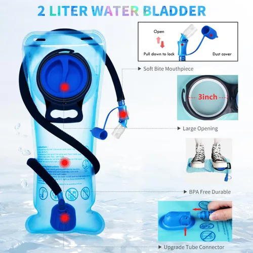 Vista 6 de Mochila de hidratación rave, paquete de hidratación para festivales con vejiga de agua de 2 L, mochila de agua ligera, bolsa de hidratación