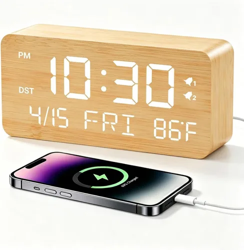 Vista 12 de Reloj despertador digital de madera de bambú premium con cargador de teléfono inalámbrico, puertos de carga USB duales, pantalla LED regulable