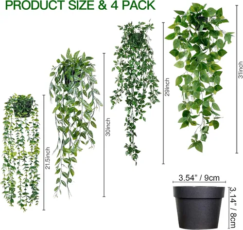 Vista 6 de Sggvecsy Plantas colgantes falsas, paquete de 4 plantas artificiales colgantes de eucalipto, plantas falsas en maceta, vegetación falsa, eucalipto