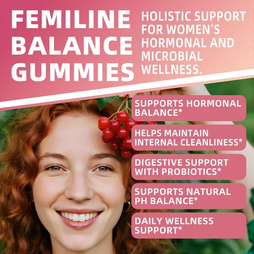 Vista 3 de Gomitas de equilibrio femenino, suplemento de equilibrio premium para mujeres, salud del PH, apoyo inmunológico, apoyo energético, vegano, sin