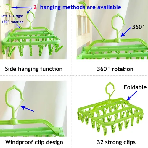 Vista 2 de Percha plegable para secar la ropa sucia, perchas con 32 clips, colgador de clip para secar ropa interior, ropa de bebé, calcetines, brasier Verde