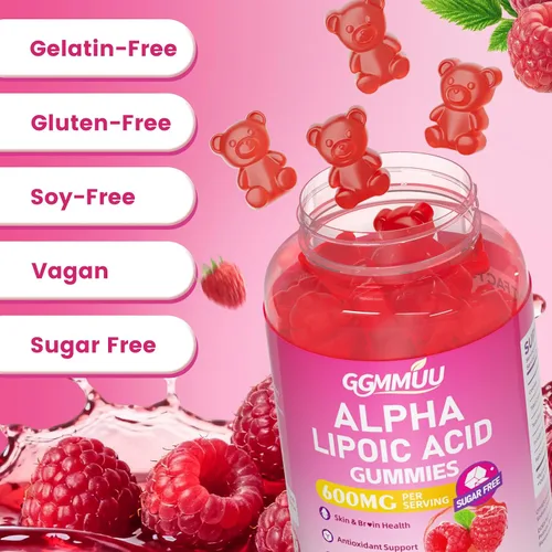 Vista 4 de Gomitas de ácido alfa lipoico 600 mg, sin azúcar, sabor frambuesa