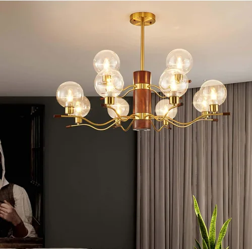 Vista 2 de Genérico Araña moderna, Candelabros industriales de cristal de madera con tirada en V, lámpara de casa de campo, semi empotrada, metal contemporáneo