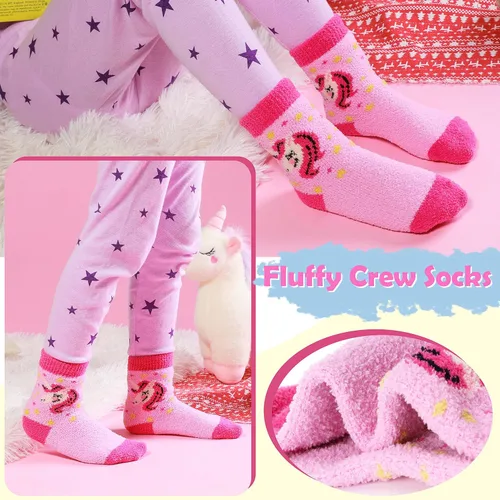 Vista 7 de ANTSANG Calcetines mullidos con agarres antideslizantes para niños y niñas, calcetines mullidos y acogedores de felpa cálidos, paquete de 6
