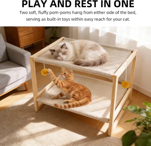 Vista 7 de Hamaca para gatos de 2 capas, litera de madera de pino para gatos con funda extraíble lavable, capacidad de 45 libras/nivel, cama elevada