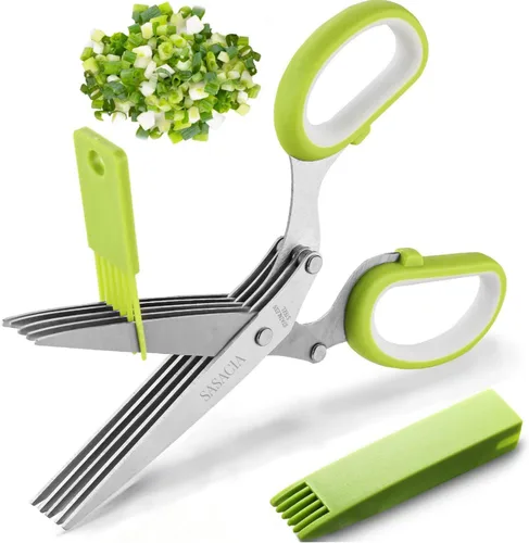 Vista 10 de Tijeras de hierbas con 5 cuchillas y kit de limpieza, tijeras de cocina de acero inoxidable para hierbas, lechuga, cilantro, aptas para Rojo y negro