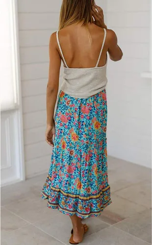 Vista 3 de SimpleFun Falda larga de cintura alta elástica con estampado floral bohemio para mujer con bolsillos