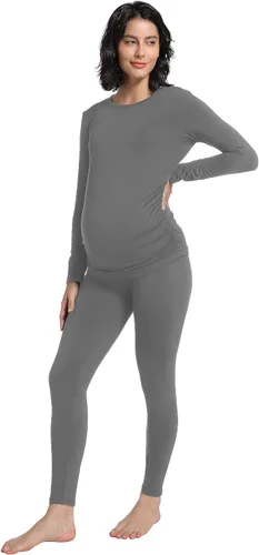 Vista 5 de Foucome Conjunto de ropa interior térmica de maternidad, conjunto de pijama largo con forro polar para mujeres embarazadas